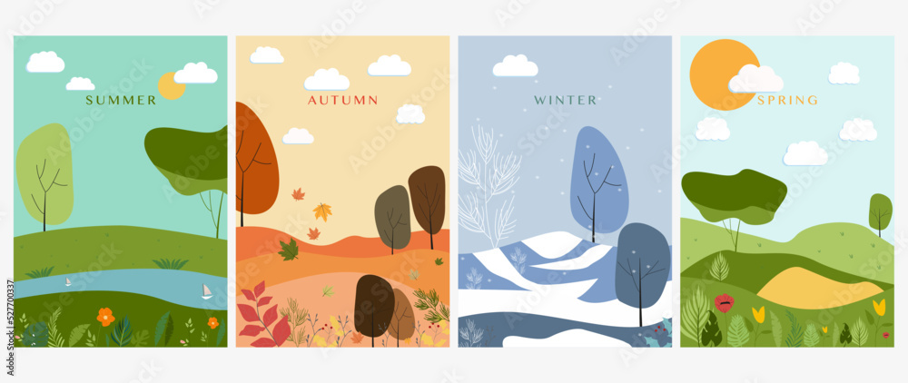 Vector posters. Illustrations of the four seasons are summer, autumn, winter, spring. Flat style. Banners for books, social networks, wallpapers, notebooks, pictures for decoration, educational books.