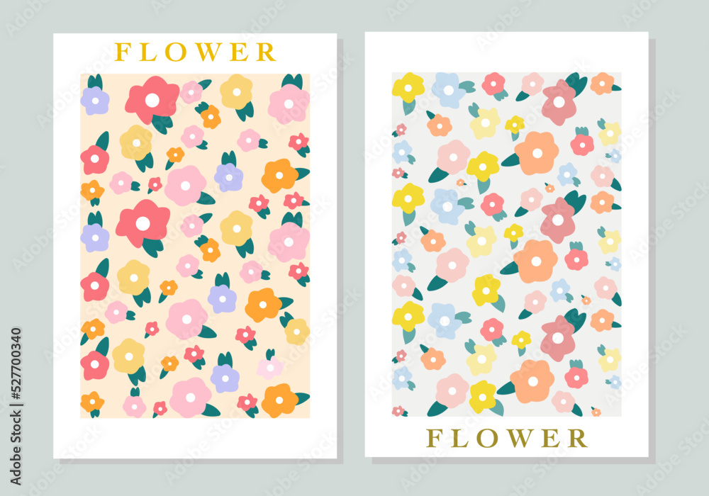 Vector illustration. Collection of spring flowers with leaves. Print with botanical elements. Posters for the cover of a notebook or book. Perfect as an invitation or business card for a store.