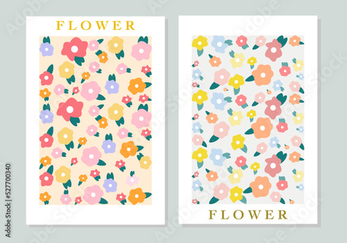 Vector illustration. Collection of spring flowers with leaves. Print with botanical elements. Posters for the cover of a notebook or book. Perfect as an invitation or business card for a store.