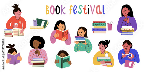 Book festival. A person is reading a book. Colorful vector illustration for festivals, event promoters