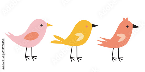 Cute birds in pastel pink and yellow colors. Cartoon collection with funny little bird family, children illustration