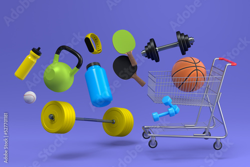 Sport equipment for fitness, gym, crossfit in shopping cart on violet