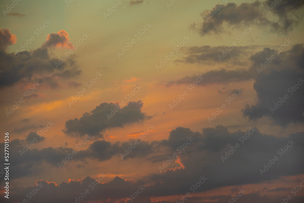 Fototapeta Dramatic sky background. Stormy sky landscape. Sky panoramic scene. Colorful evening sky.