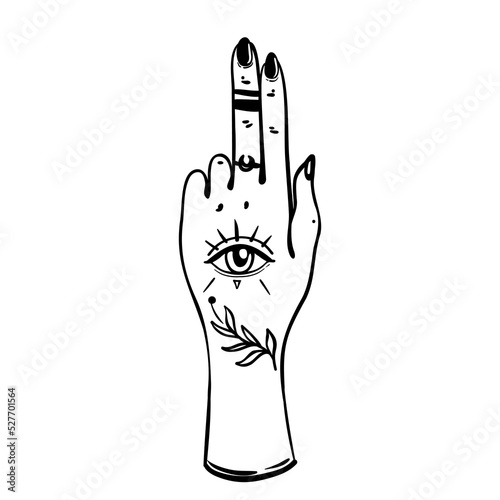 Witch tattooed hands with magic star. Alchemy, spirituality, occultism, tatto...