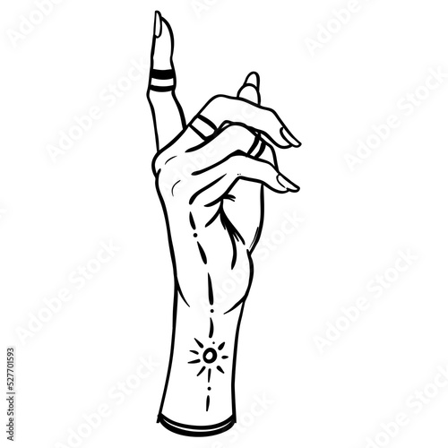 Witch tattooed hands with magic star. Alchemy, spirituality, occultism, tattoo art. Isolated black and white vector illustration. Halloween concept. Wiccan magic.
