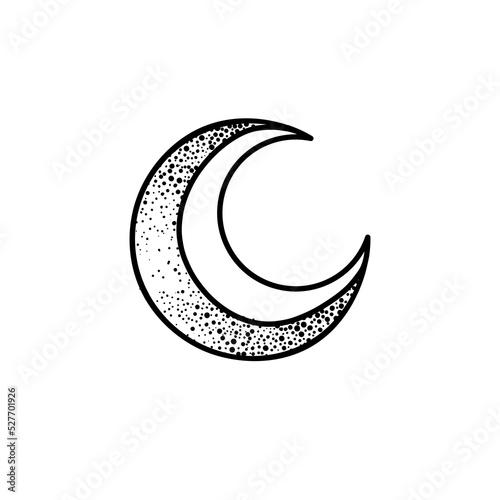 Moon symbol. Tattoo style. Vector illustration in black outlines isolated on ...