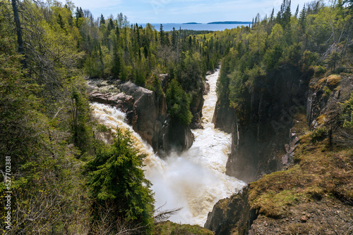 Aguasabon Falls and Gorge in Terrace Bay, Ontario, Canada along Lake Superior. Beautiful ferocity in the spring. Waterfall cascades into the Aguasabon Gorge in Canadian wilderness.