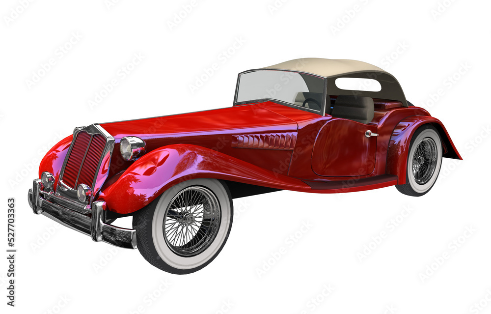Vintage hot rod convertible car in red.
