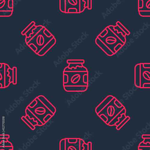 Red line Coffee jar bottle icon isolated seamless pattern on black background. Vector