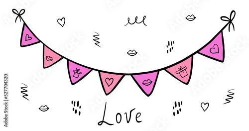 Valentines Day doodle garland in hand drawn style