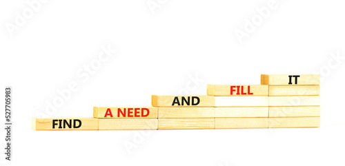 Find a need and fill it symbol. Concept words Find a need and fill it on wooden blocks on a beautiful white table white background. Business and find a need and fill it concept. Copy space. photo