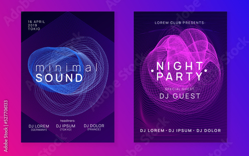 Neon sound flyer. Electro dance music. Electronic fest event. Club dj poster. Techno trance party.