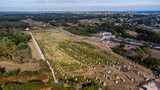 Aerial view of the Carnac stone alignments of Ménec in Morbihan, France - Prehistoric menhirs and megaliths in rows in Brittany