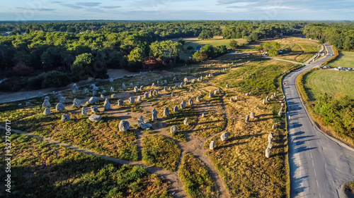 Aerial view of the Carnac stone alignments of Kermario in Morbihan, France - Prehistoric menhirs and megaliths in rows in Brittany