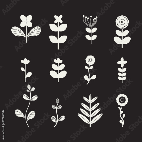 Set of White Flowers and Leafs on black background Vector Illustration