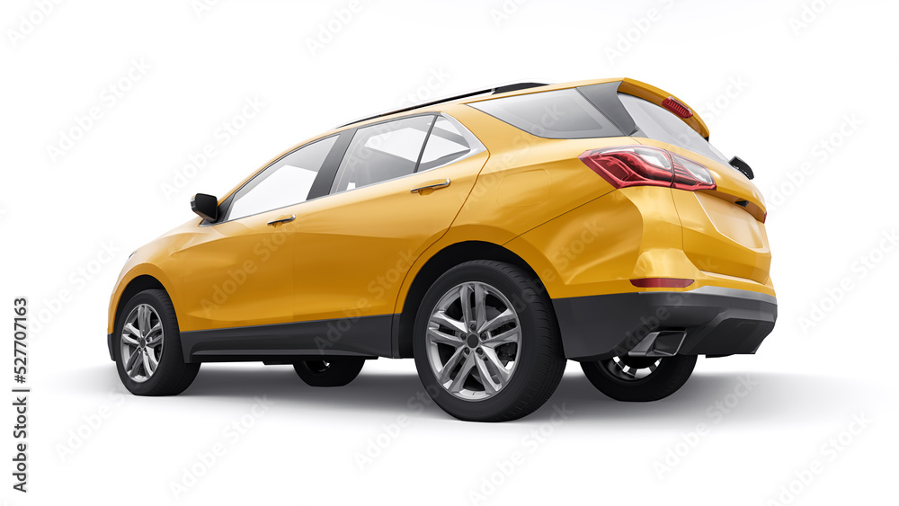 yellow mid-size city SUV for a family on a white background. 3d rendering. yellow mid-size city SUV for a family on a white background. 3d rendering.