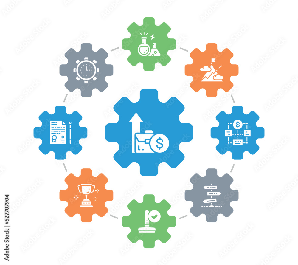 Start up modern icons in infographic circle. Time management, idea generation, presentation vector concept design. Start up modern icons in infographic circle. Time management, idea generation, presentation vector concept design.