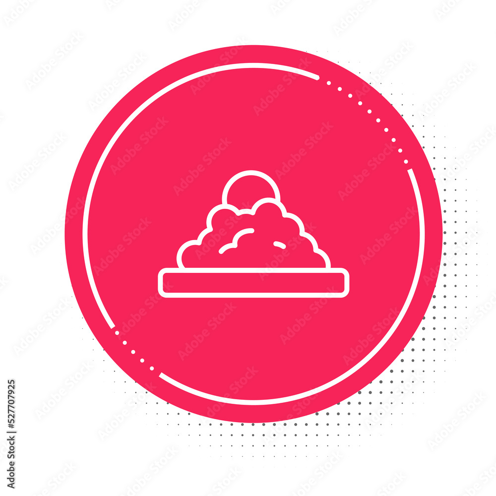 White line Rice in a bowl icon isolated on white background. Traditional Asian food. Red circle button. Vector White line Rice in a bowl icon isolated on white background. Traditional Asian food. Red circle button. Vector