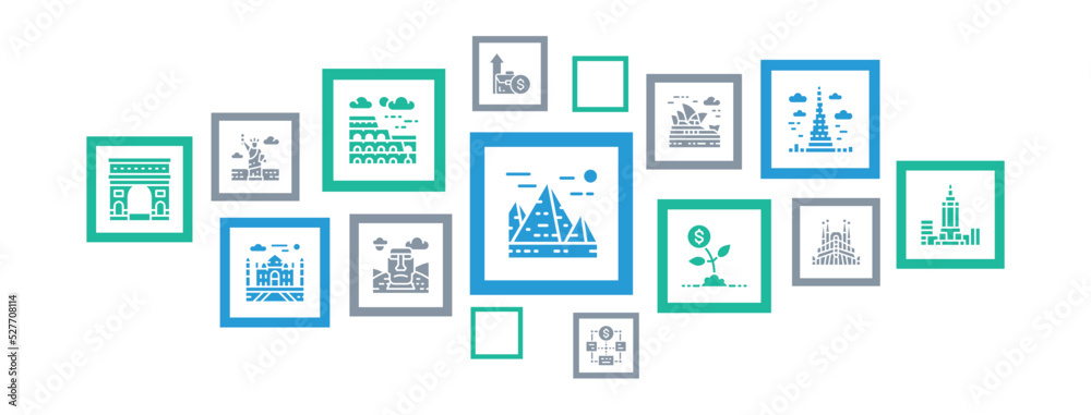 Travel Landmark icons infographic banner. Italy, United Kingdom, France, India, USA illustration for web banner layout, mobile development design. Travel Landmark icons infographic banner. Italy, United Kingdom, France, India, USA illustration for web banner layout, mobile development design.