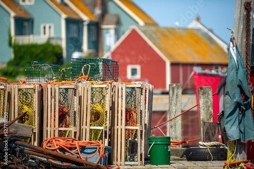 Lobster traps, boats and houses, in the fishing village of Peggy's Cove, Nova Scotia, Canada