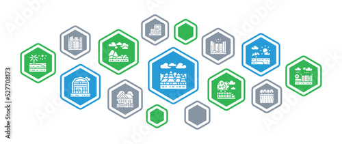 Landscape banner concept. Bridge, Forest, Garden, Volcano, Windmill banner flat style vector illustration.