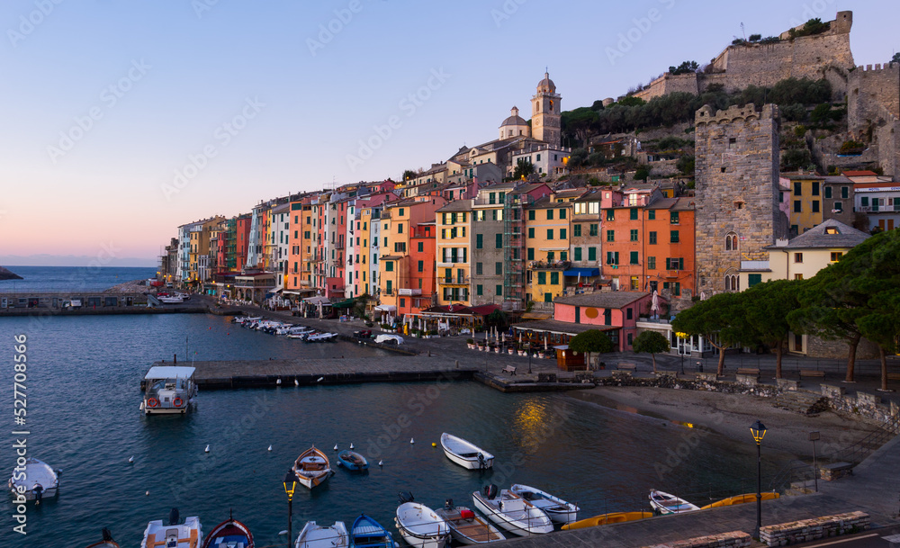 Evening view of Portovenere small colorful town with Doria Castle on Ligurian coast of Italy