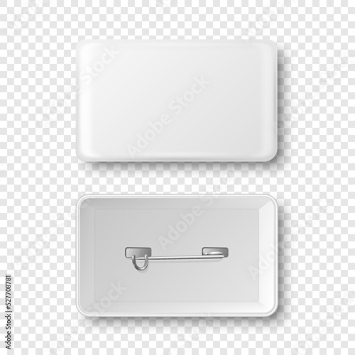 Vector 3d Realistic Rectangular White Metal, Plastic Blank Empty Button Badge Icon Isolated. Button Pin Badge. Glossy Brooch Pin. Top View - Front and Back Side. Template for Branding, Mock-up