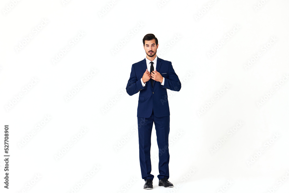 Man business smile with teeth in a suit business job walks open mouth happiness and surprise full-length on white isolated background copy space Man business smile with teeth in a suit business job walks open mouth happiness and surprise full-length on white isolated background copy space