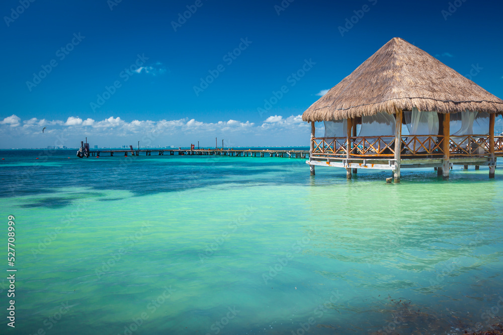 Cancun idyllic caribbean beach and gazebo Palapa, Riviera Maya, Mexico
