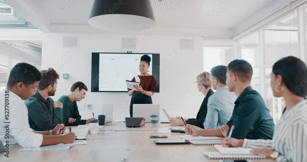Presentation, conference and business meeting with corporate, strategy and vision planning company with black woman manager. Business people, analytics and data listening to presenter business woman