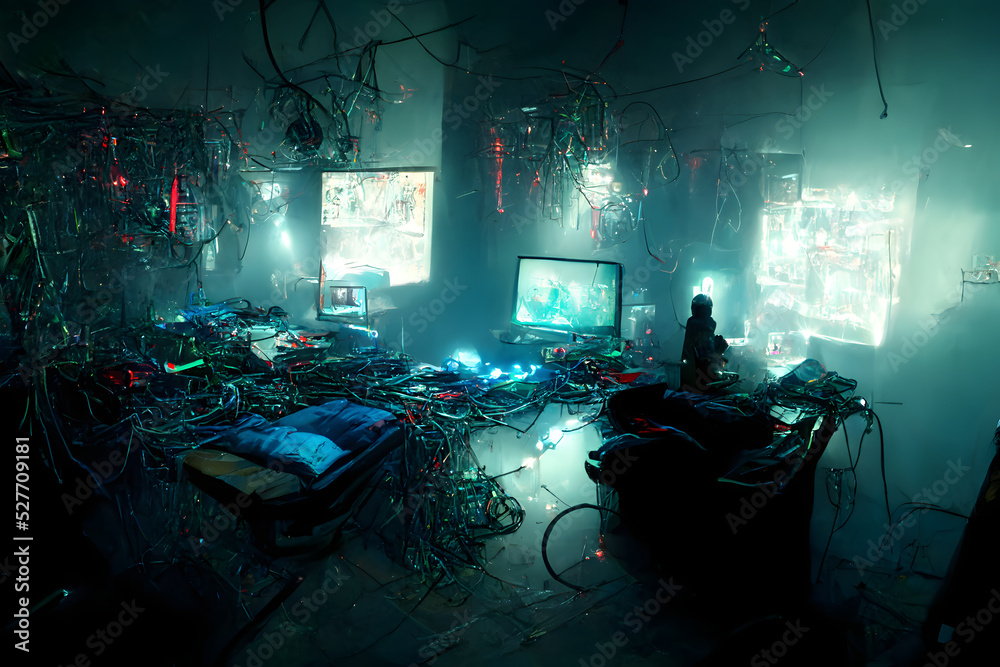 messy and dark cyberpunk hacker hideout room with cyan christmas lights ...