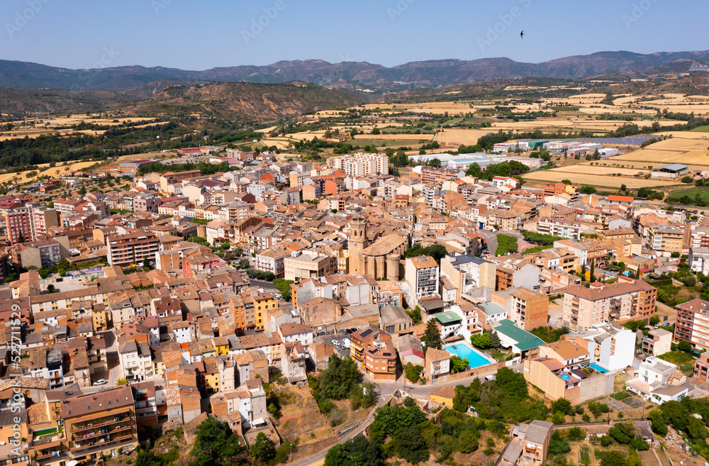 Aerial cityscape of city Tremp on sunny day. Spain