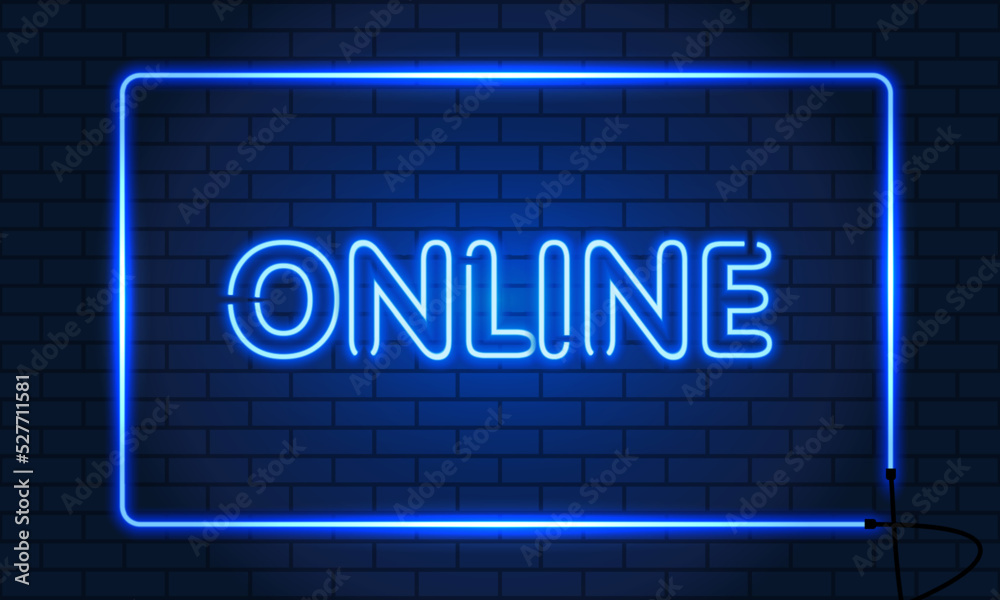 Neon sign ONLINE in a frame on brick wall background. Vintage electric signboard with bright neon lights. Blue light falls. Vector illustration Neon sign ONLINE in a frame on brick wall background. Vintage electric signboard with bright neon lights. Blue light falls. Vector illustration