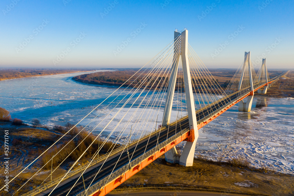 Obraz premium Aerial view of the cable-stayed Murom bridge over the Oka river. Russia
