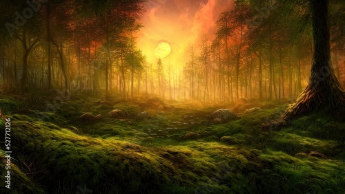 Magical dark fairy tale forest, neon sunset, rays of light through the trees. Fantasy forest landscape. Unreal world, moon, moss. 3D illustration. © MiaStendal
