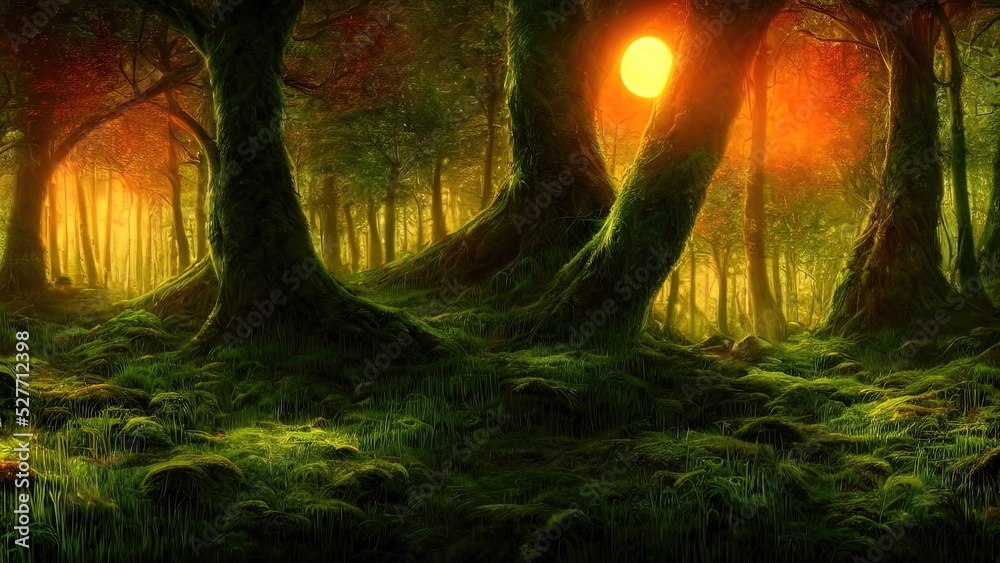 Obraz premium Magical dark fairy tale forest, neon sunset, rays of light through the trees. Fantasy forest landscape. Unreal world, moon, moss. 3D illustration.