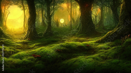 Magical dark fairy tale forest  neon sunset  rays of light through the trees. Fantasy forest landscape. Unreal world  moon  moss. 3D illustration.