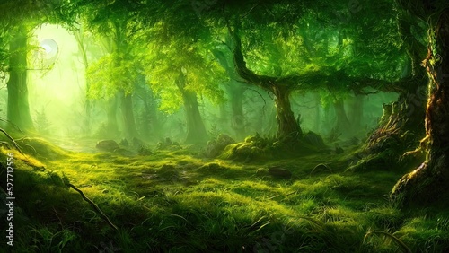Magical dark fairy tale forest  neon sunset  rays of light through the trees. Fantasy forest landscape. Unreal world  moon  moss. 3D illustration.