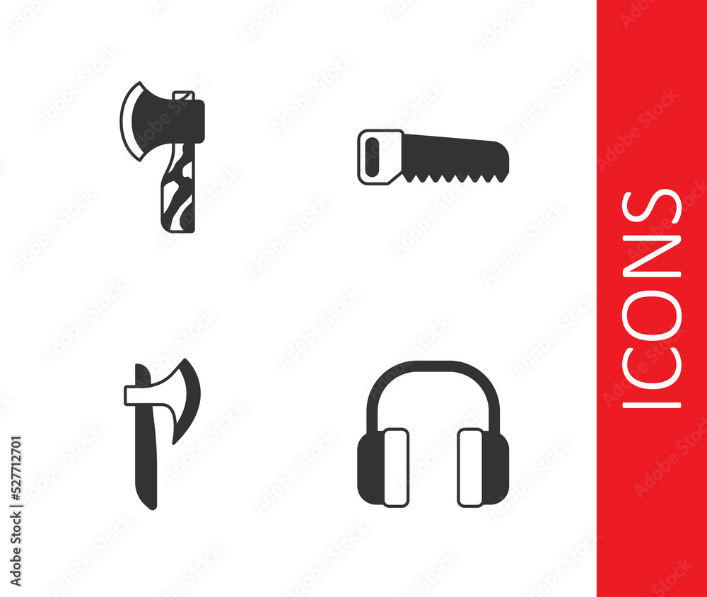 Set Headphones, Wooden axe, and Hand saw icon. Vector