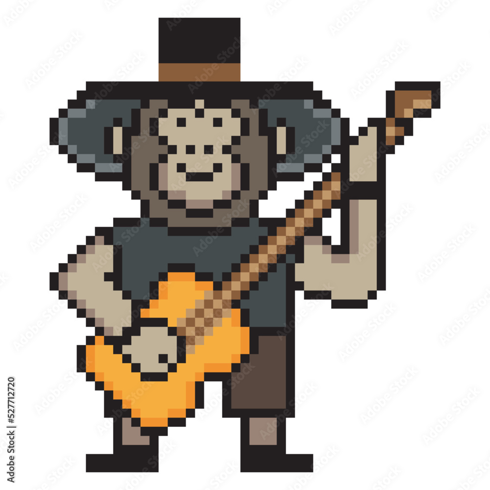 Monkey play guitar with pixel art on white background. 