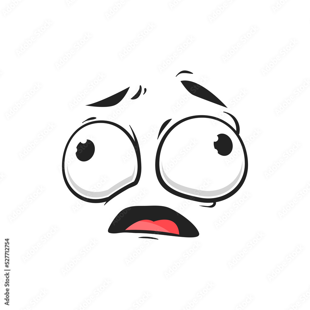 Cartoon face with slanting eyes and open mouth, vector discouraged funny emoji. Crazy facial expression, confused or strain feelings isolated on white background Cartoon face with slanting eyes and open mouth, vector discouraged funny emoji. Crazy facial expression, confused or strain feelings isolated on white background