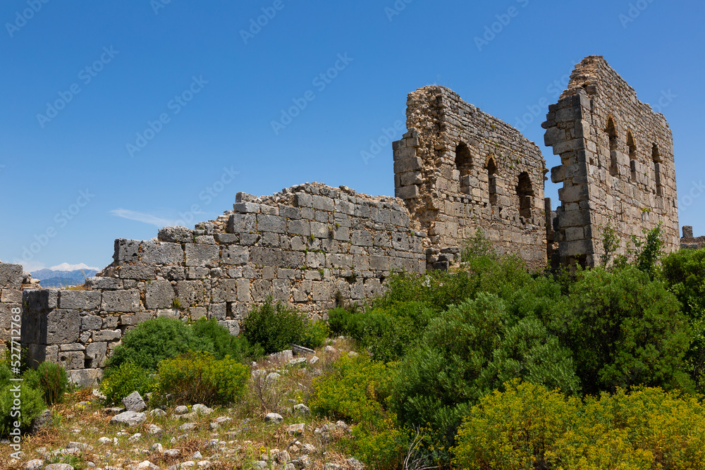 Ancient stone walls of Sillyon acropolis. Antalya Province, Turkey.