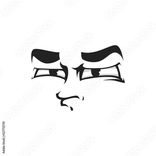 Cartoon face vector suspecting emoji. Doubt facial expression with eyes look sullenly and closed mouth. Suspect funny feelings isolated on white background