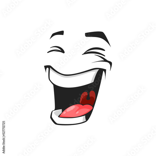Cartoon laughing face, vector happy emoji, facial expression with wide open laugh toothy mouth and closed eyes. Positive feelings isolated on white background