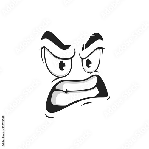 Cartoon face with gnash teeth, vector angry emoji with evil eyes. Negative facial expression, wicked feelings, comic face with furrowed brows and toothy mouth isolated on white background