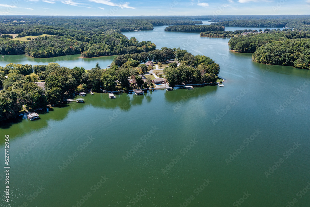 Aerial view of lake homes and boat houses at Dripping Springs on Tims Ford Lake in Tennessee.