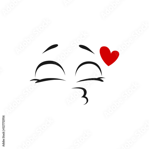 Cartoon face send air kiss vector emoji kissing blow red heart. Fall in love funny facial expression, positive feelings, cute character isolated on white background