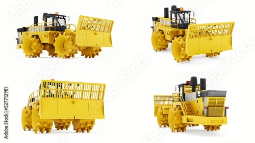 Set Garbage compactor machine for landfills. industrial bulldozer for working in landfills. 3d rendering.