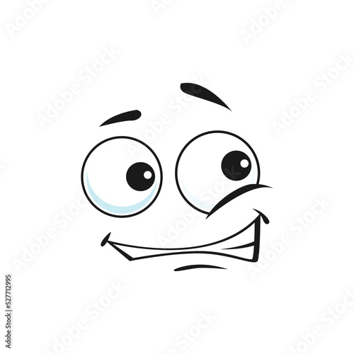 Cartoon face vector confused smiling character. Guilty or hangdog emoji, funny facial expression, in fault human feelings, comic smile emotion isolated sign on white background