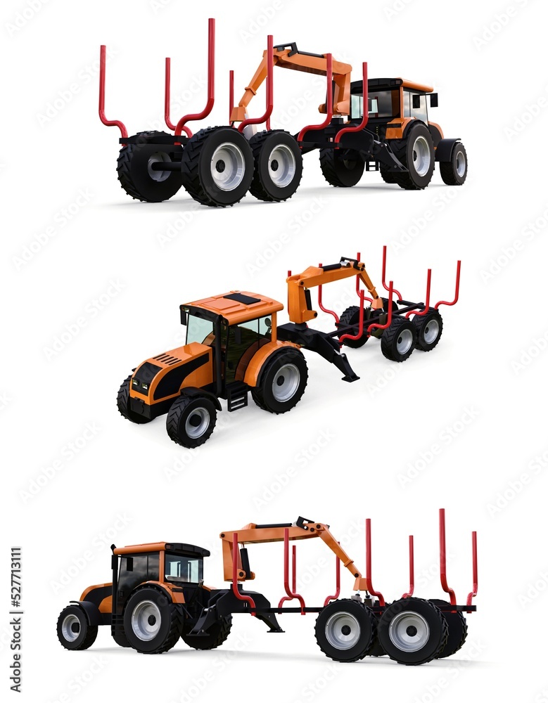 Orange tractor with a trailer for logging on a white background. 3d rendering. Orange tractor with a trailer for logging on a white background. 3d rendering.